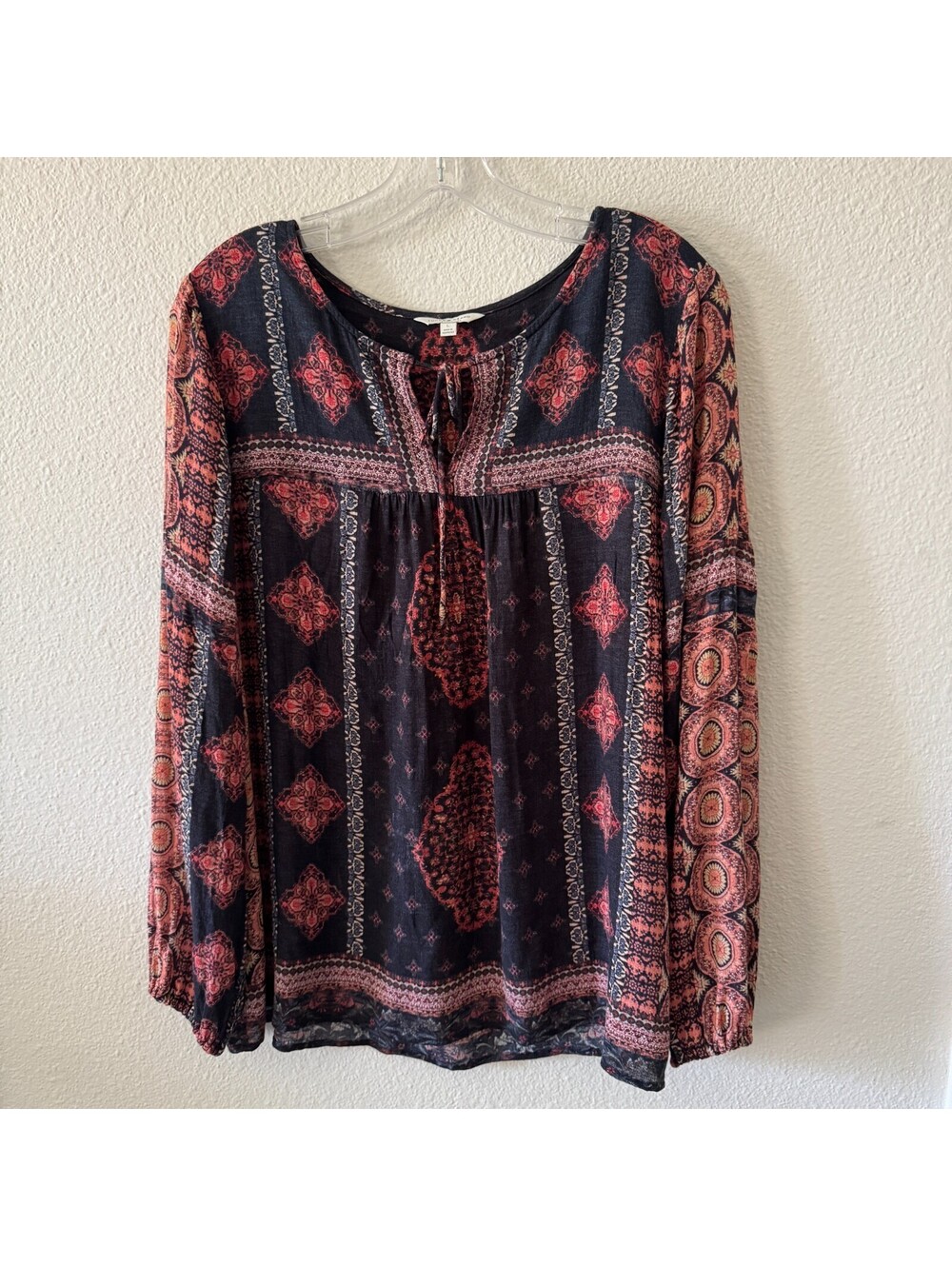 Lucky Brand Paisley Peasant Top Women L Multicolor Boho Flowy Blouse Long Sleeve